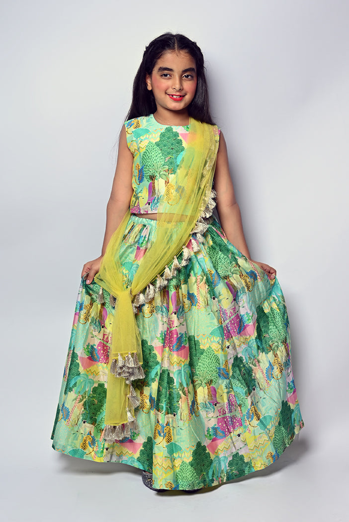 Yellow Kuno Print Silkmul Choli With Lehenga And Yellow Net Dupatta