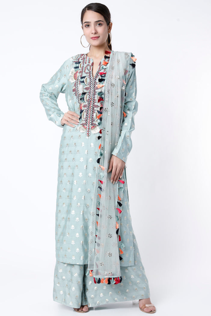 Pale Blue Embroidered Banarasi Silk Kurta With Banarasi Silk Palazzo And Net Dupatta