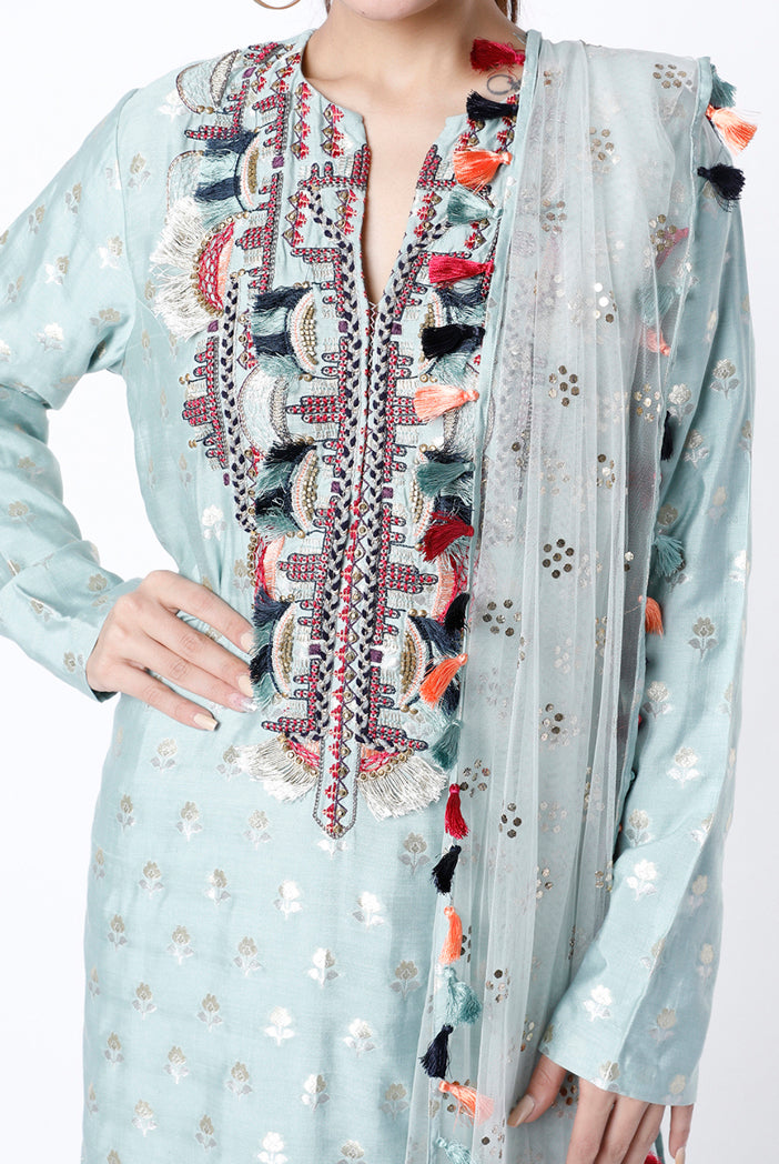 Pale Blue Embroidered Banarasi Silk Kurta With Banarasi Silk Palazzo And Net Dupatta