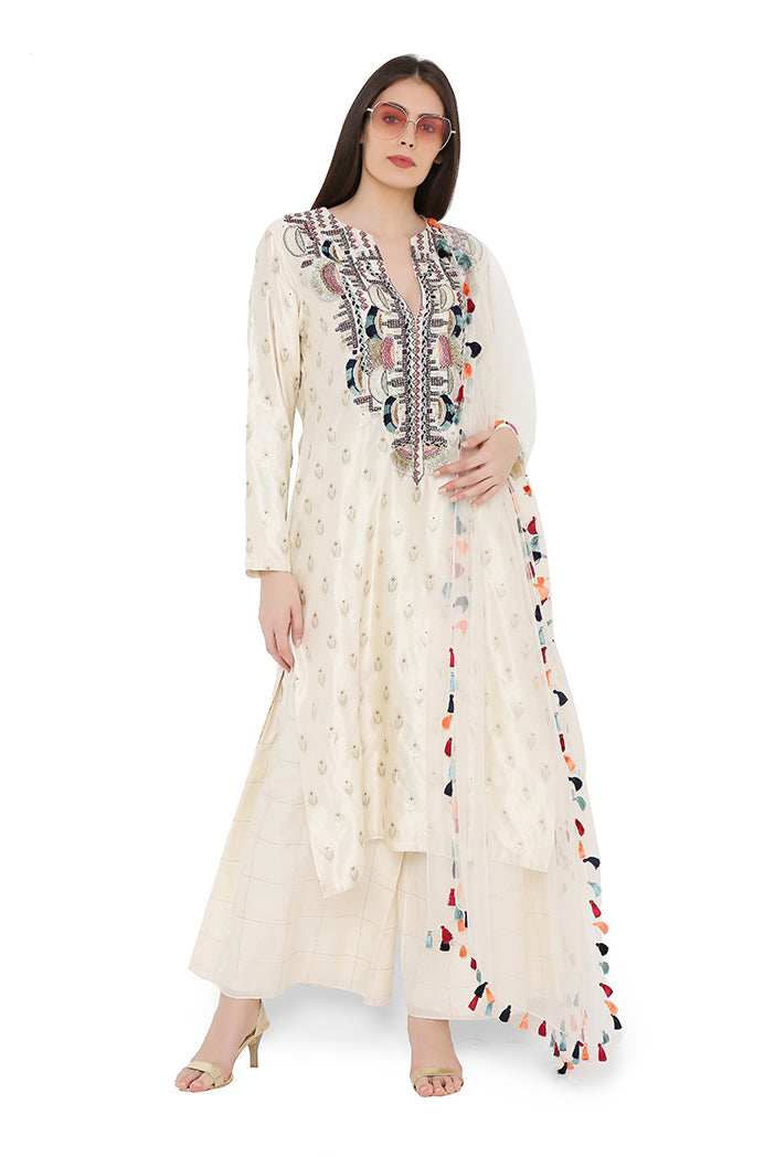 Cream Colour Benarasi Silk Kurta with Chanderi Checks Palazzo and Net Dupatta