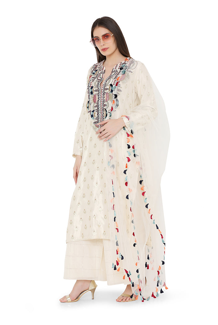Cream Colour Benarasi Silk Kurta with Chanderi Checks Palazzo and Net Dupatta