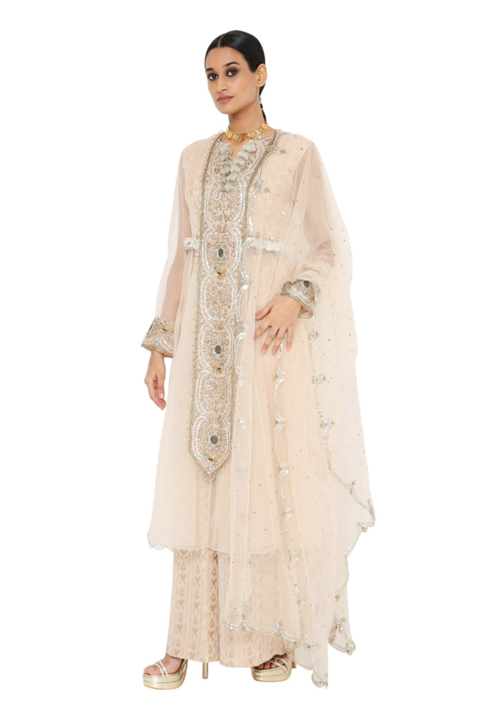 Shukraan Blush Colour Embroidered Anarkali With Pallazo And Net Embroidered Dupatta