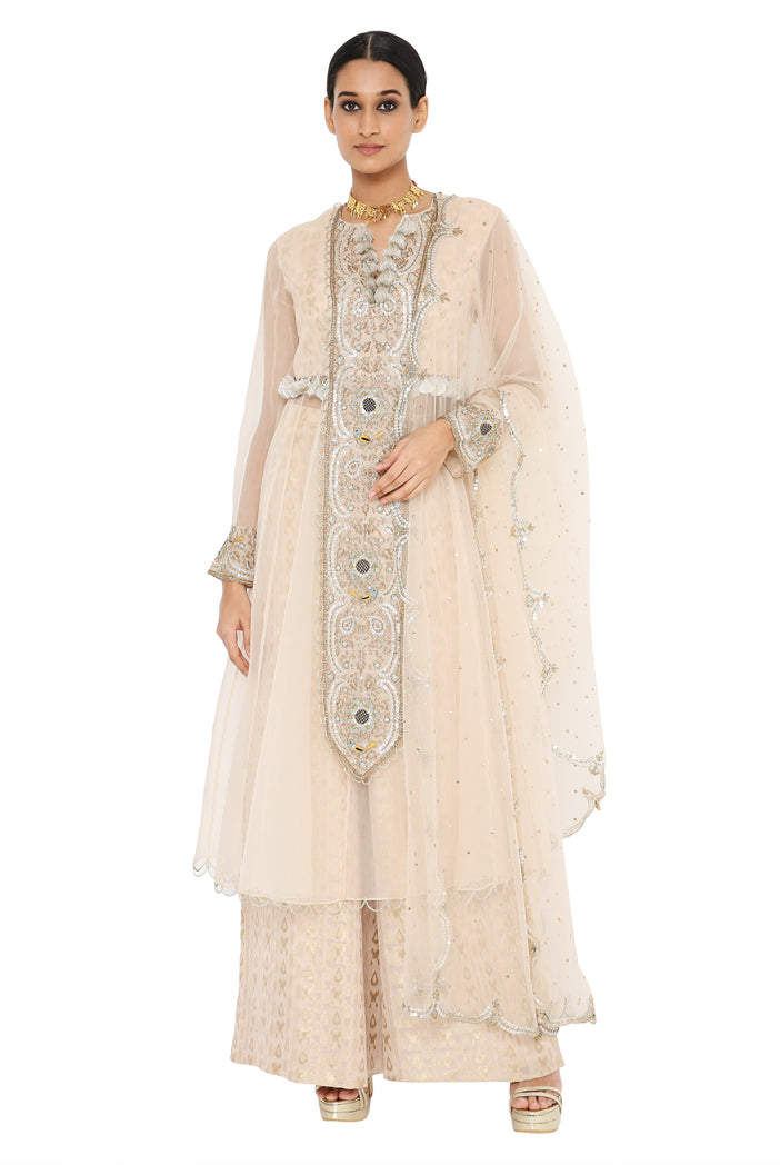 Shukraan Blush Colour Embroidered Anarkali With Pallazo And Net Embroidered Dupatta