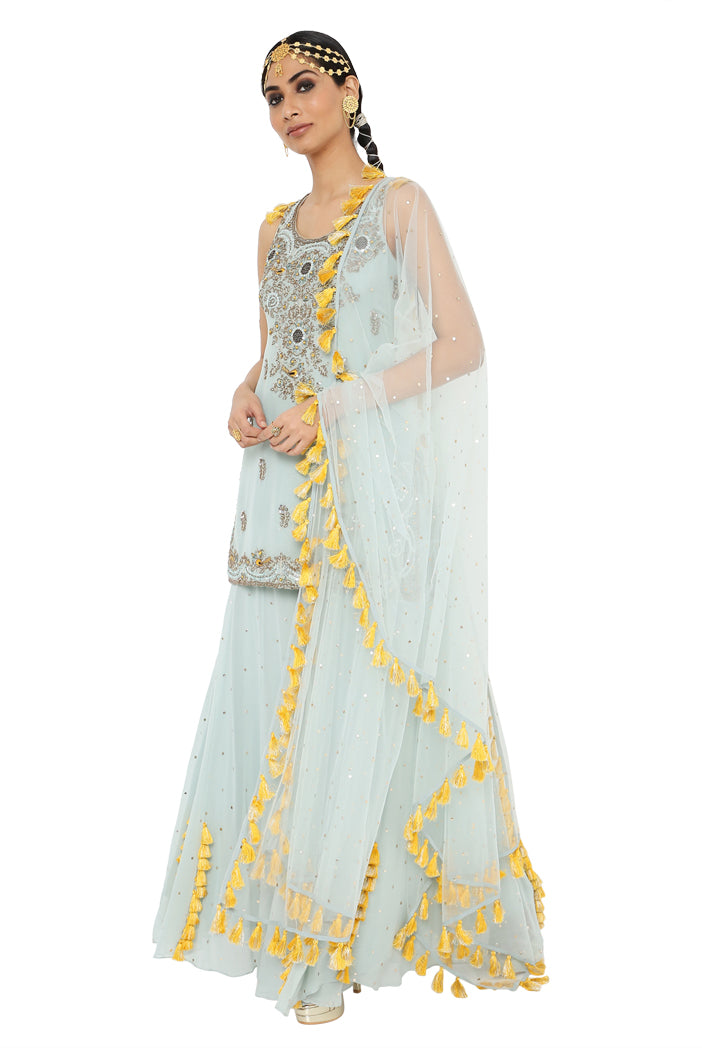 Shazya Periwinkle Blue Colour Embroidered Kurta With Sharara And Dupatta
