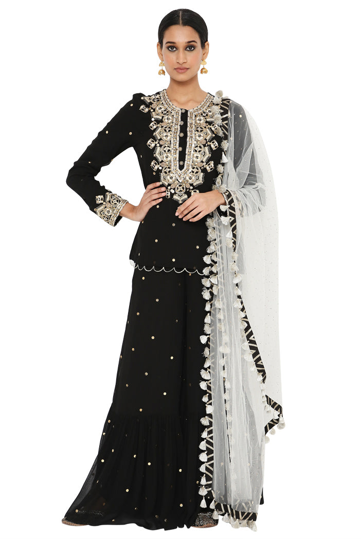 Afsani Black Colour Mukaish Short Kurta With Frill Palazzo And Mukaish Dupatta