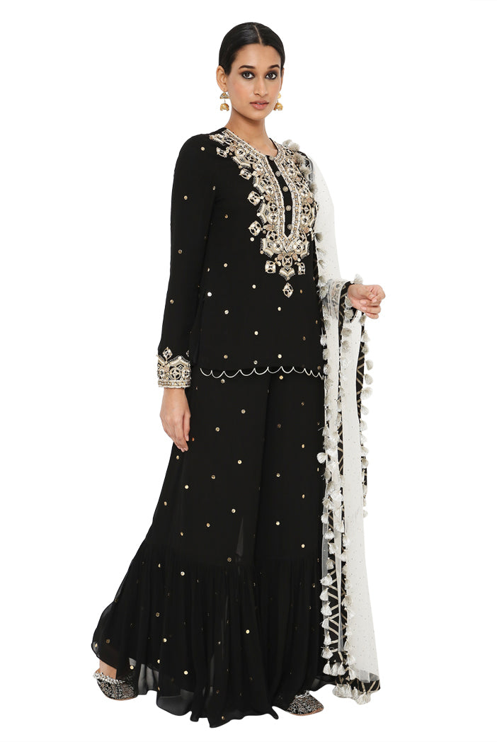 Afsani Black Colour Mukaish Short Kurta With Frill Palazzo And Mukaish Dupatta
