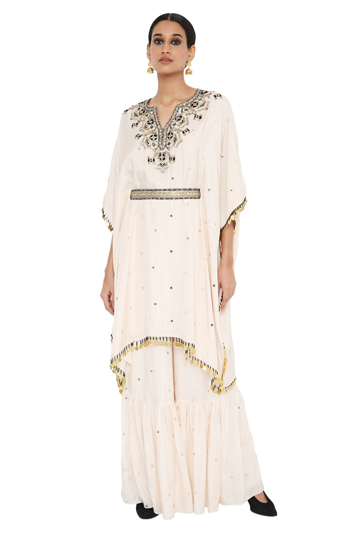 Rima Stone Colour Embroidered Kaftan And Sharara With Belt