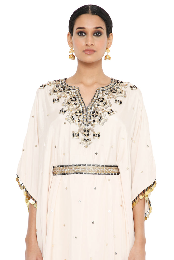 Rima Stone Colour Embroidered Kaftan And Sharara With Belt
