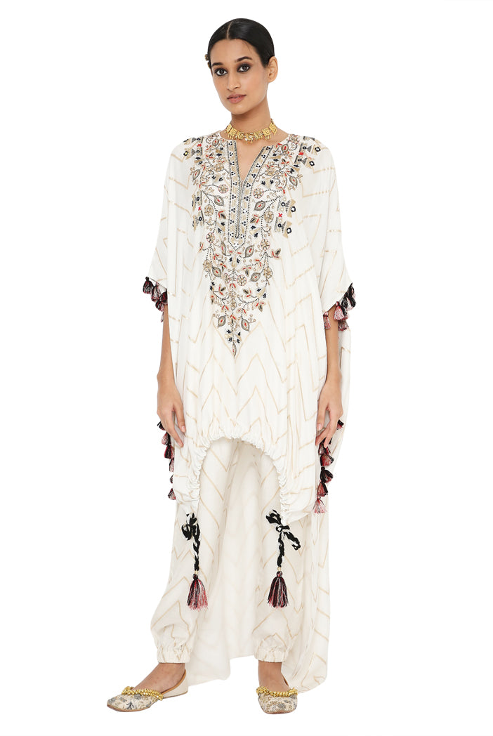 Rubina Off White Colour Banarasi High Low Kaftan With Jogger Pant