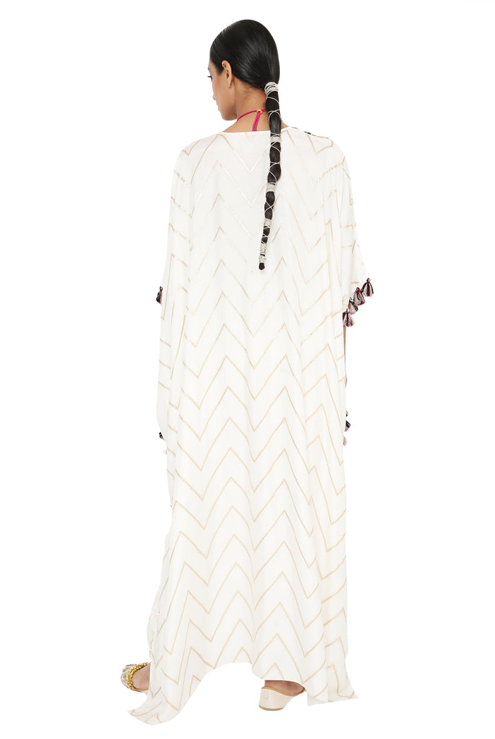 Rubina Off White Colour Banarasi High Low Kaftan With Jogger Pant