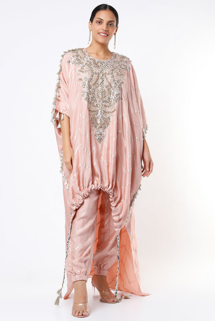 Rose Pink Zig Zag Banarasi High Low Kaftan Top With Jogger Pants