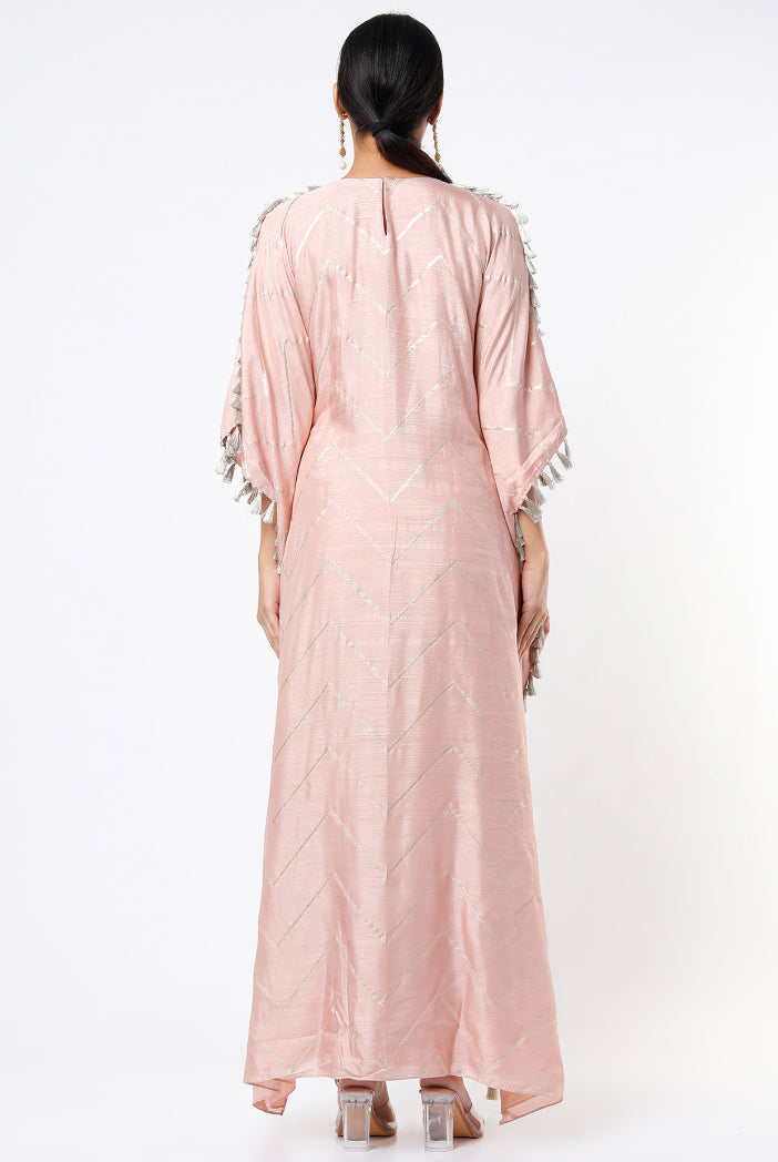 Rose Pink Zig Zag Banarasi High Low Kaftan Top With Jogger Pants