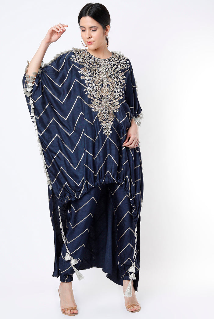 Navy Zig Zag Banarasi High Low Kaftan Top With Jogger Pants