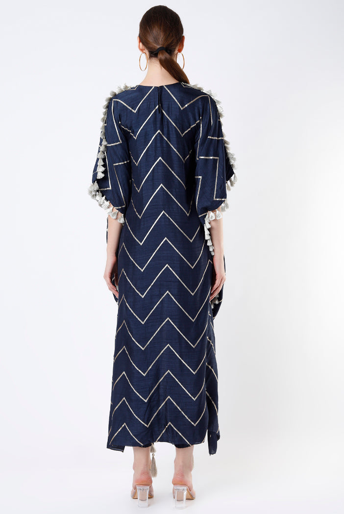 Navy Zig Zag Banarasi High Low Kaftan Top With Jogger Pants