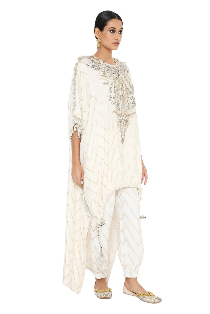 Aahna Off White Colour Banarasi High Low Kaftan With Jogger Pant