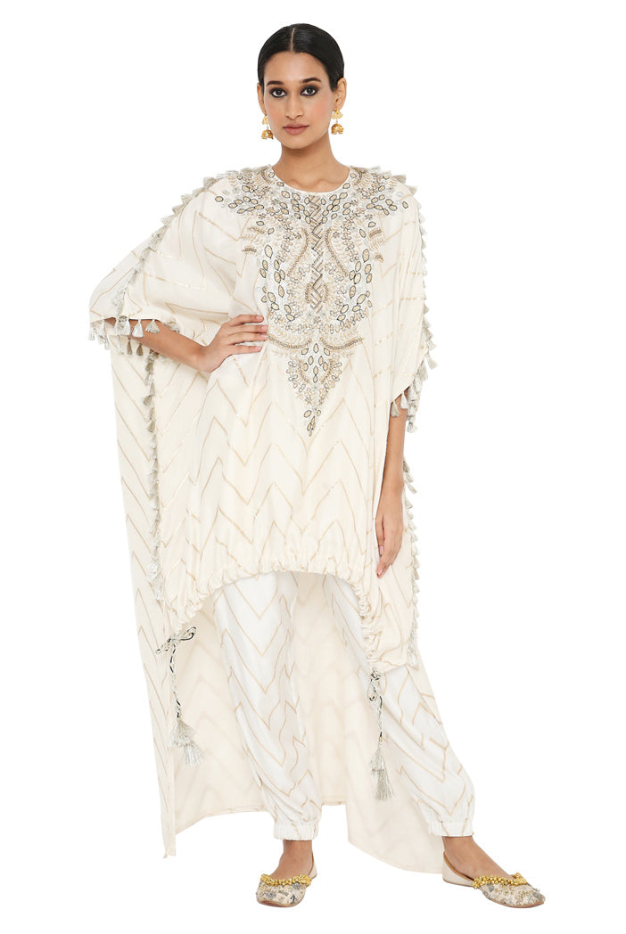 Aahna Off White Colour Banarasi High Low Kaftan With Jogger Pant