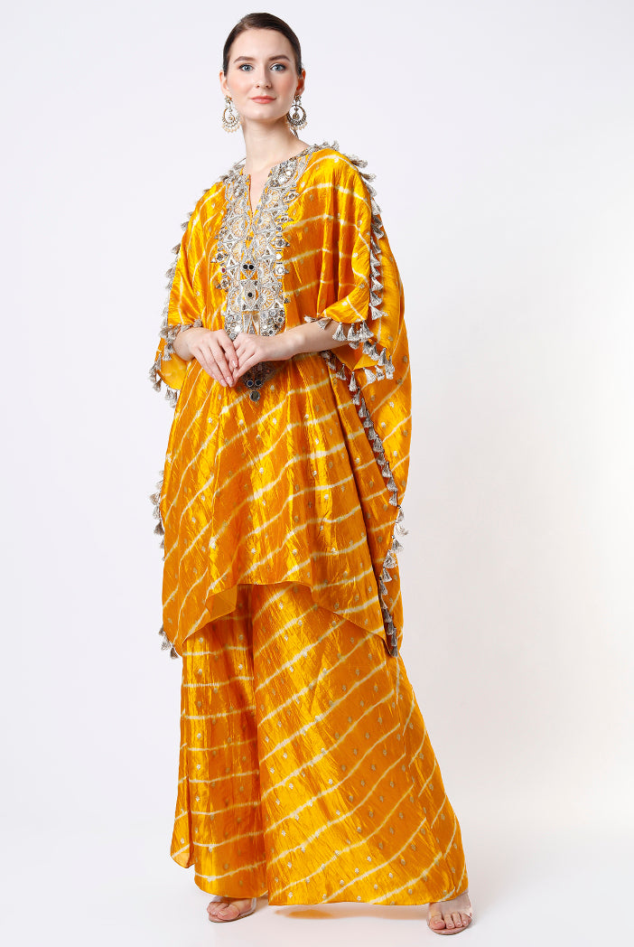 Mustard Silk Lehriya Bandhani Embroidered Kaftan And Palazzo