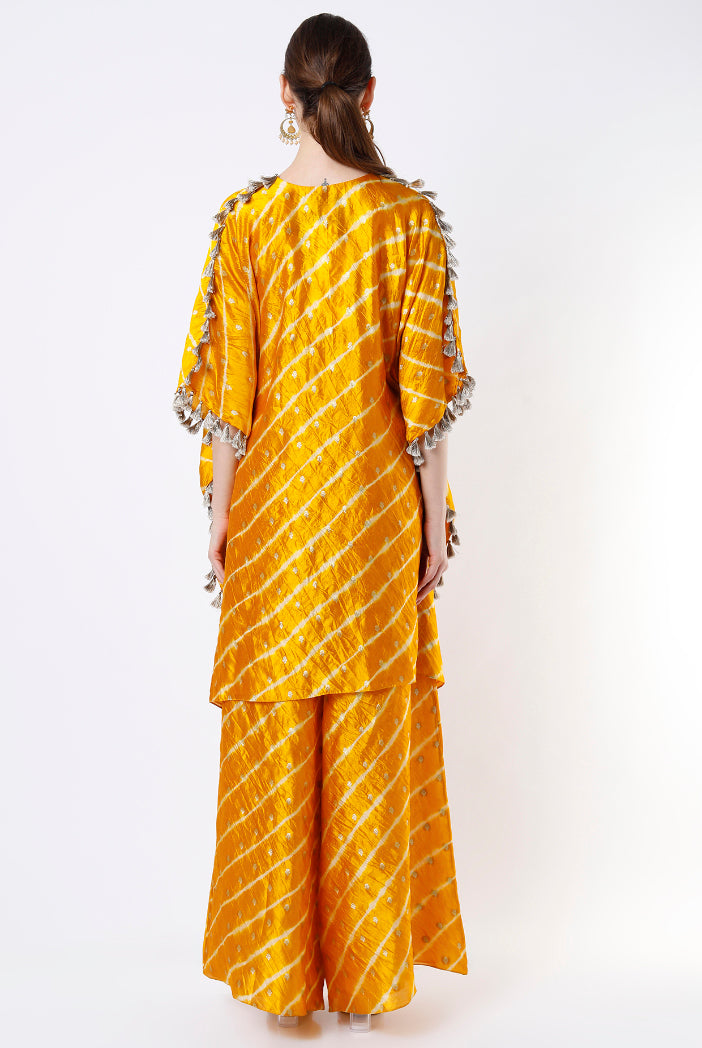 Mustard Silk Lehriya Bandhani Embroidered Kaftan And Palazzo