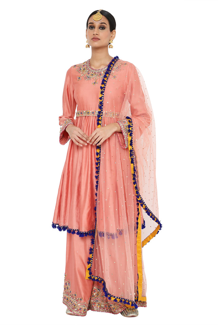 Tahira Coral Colour Embroidered Short Anarkali With Palazzo And Dupatta