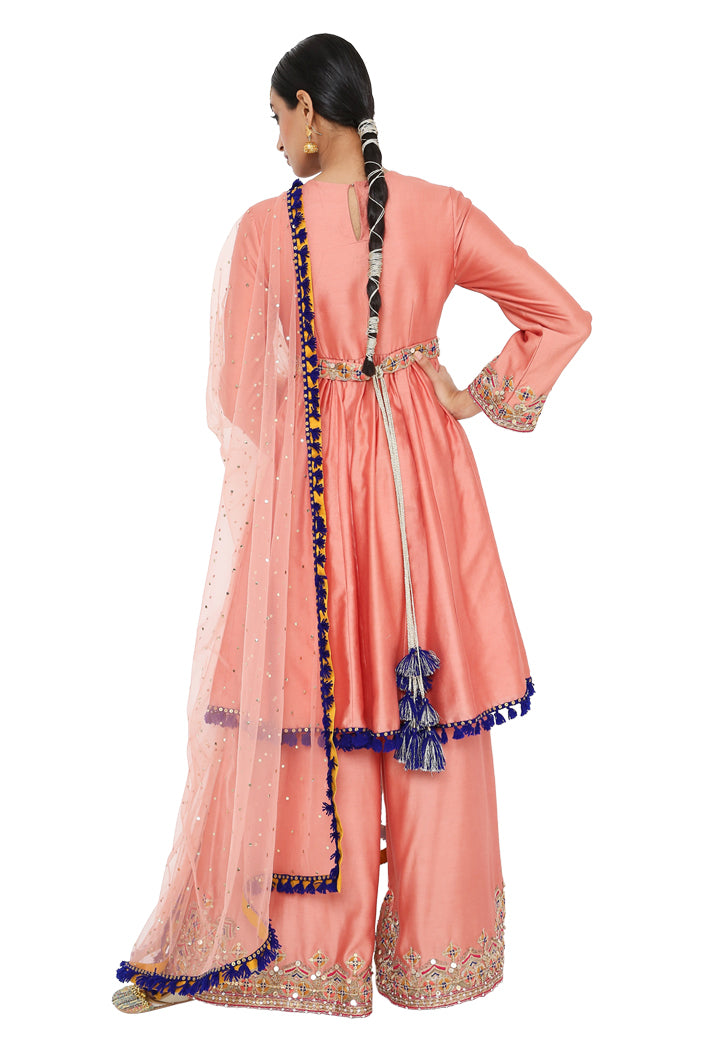 Tahira Coral Colour Embroidered Short Anarkali With Palazzo And Dupatta