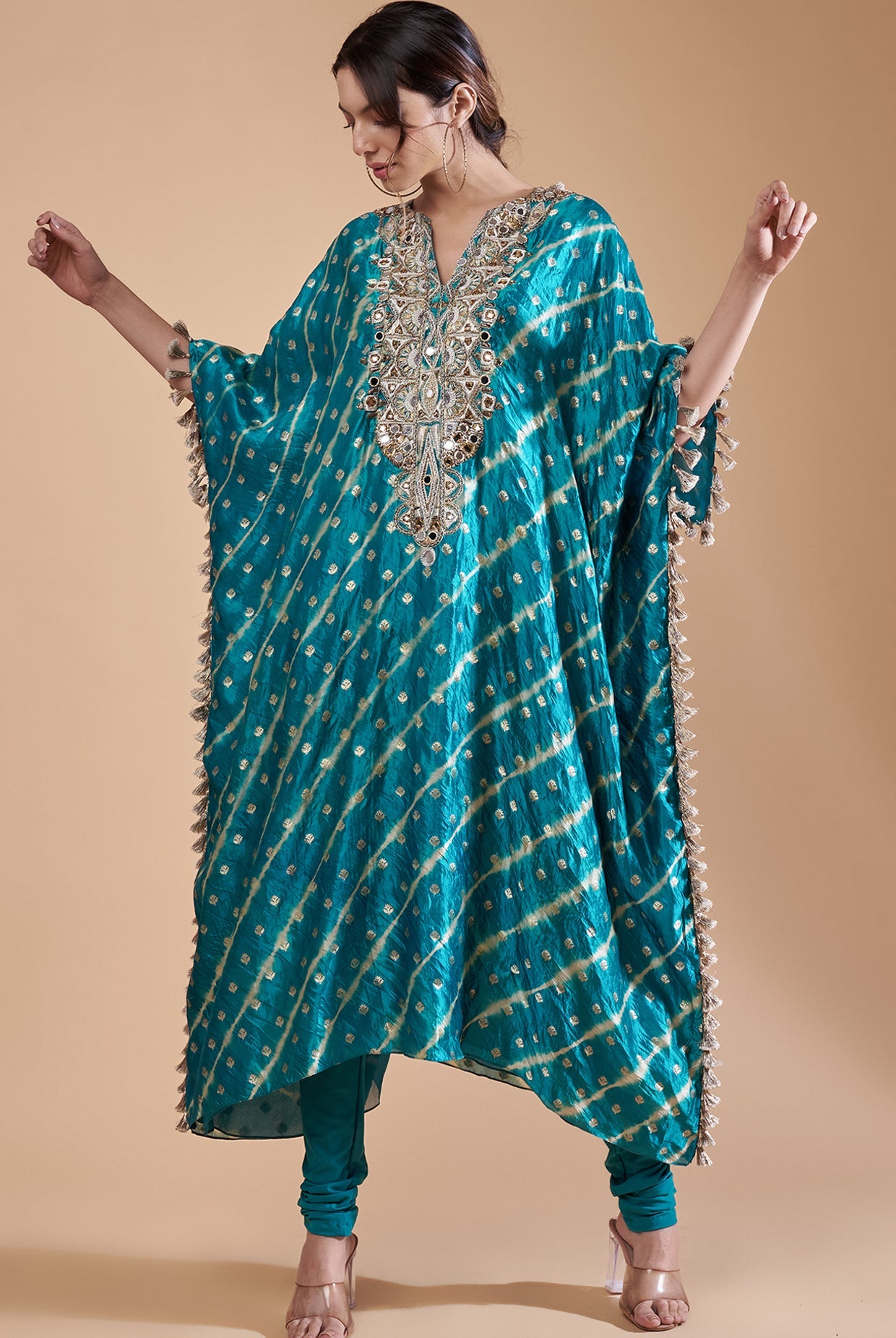 Teal Blue Embroidered Yoke Kaftan With Soft Net Churidar