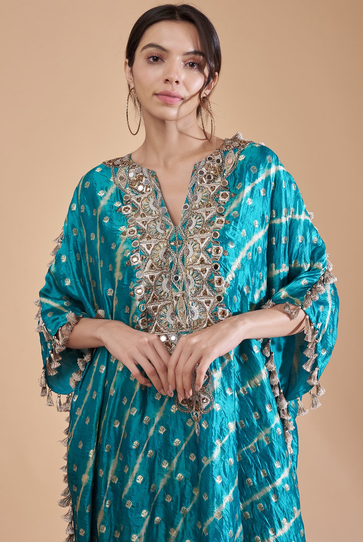 Teal Blue Embroidered Yoke Kaftan With Soft Net Churidar