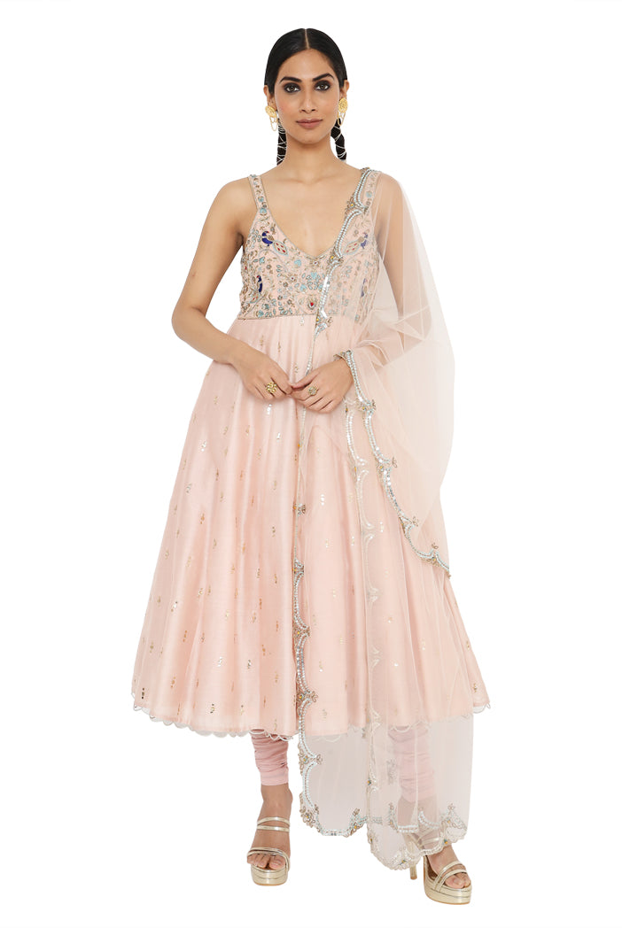 Hoor Rose Pink Colour Embroidered Anarkali With Churidar And Net Dupatta