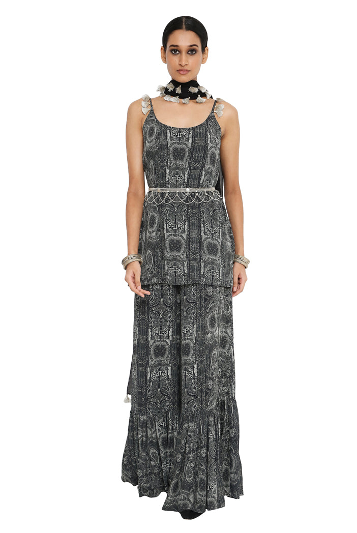 Aamna Printed Georgette Kurta With Frill Sharara And Black Colour Dupatta