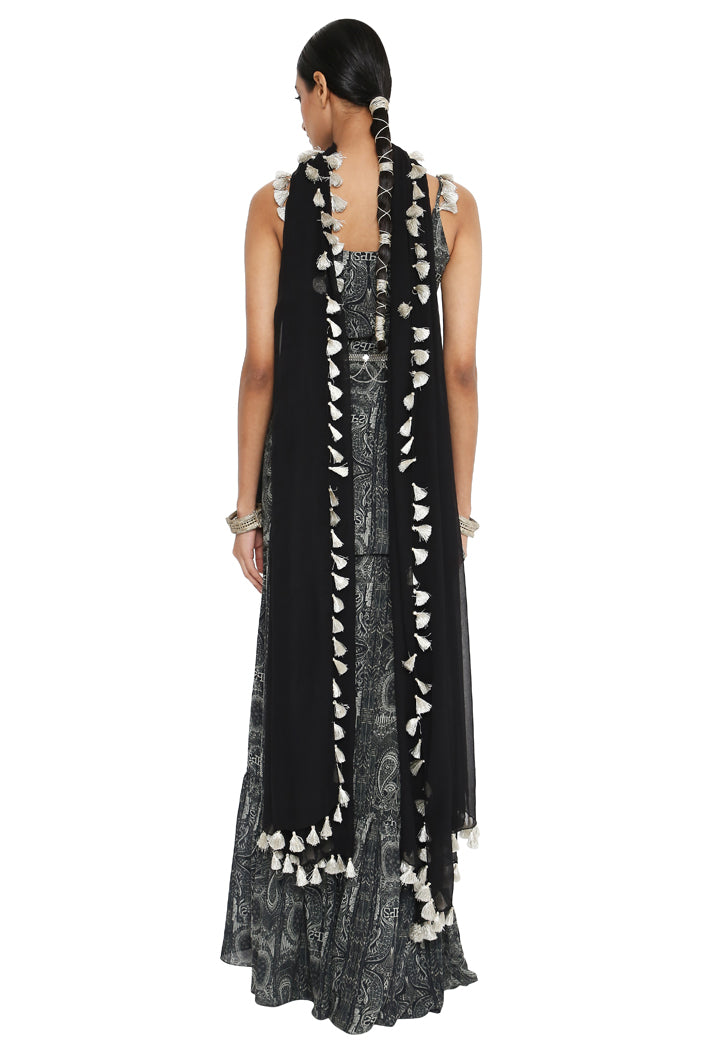 Aamna Printed Georgette Kurta With Frill Sharara And Black Colour Dupatta