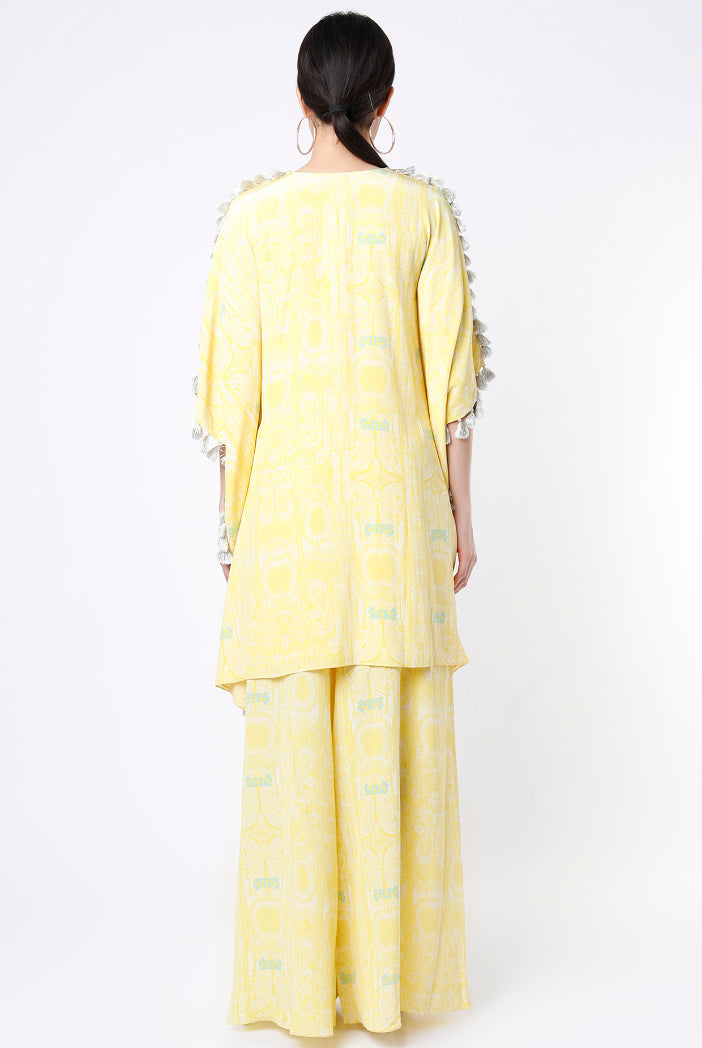 Yellow PS Print Crepe Embroidered Yoke Short Kaftan And Palazzo