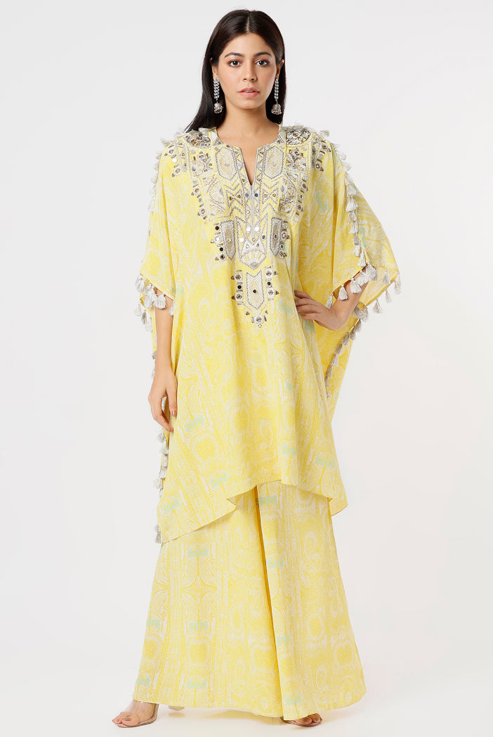 Yellow PS Print Crepe Embroidered Yoke Short Kaftan And Palazzo