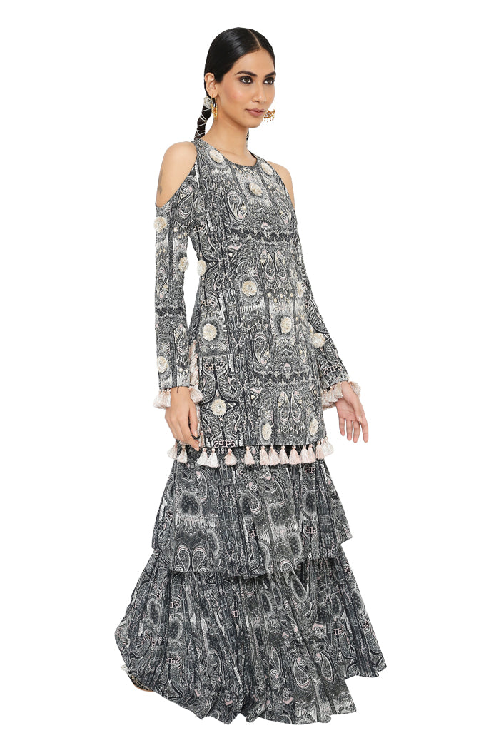 Kaina Printed Crepe Embroidered Kurta With Sharara