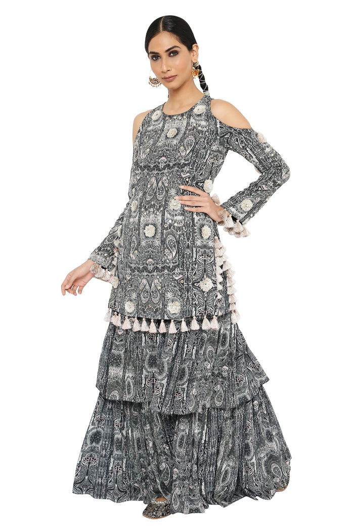Kaina Printed Crepe Embroidered Kurta With Sharara