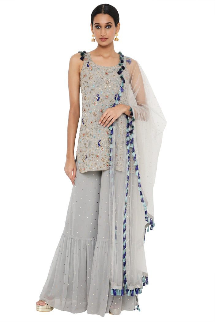 Masoon Grey Colour Georgette Embroidered Kurta With Dot Mukaish Georgette Sharara And Dot Mukaish Net Dupatta