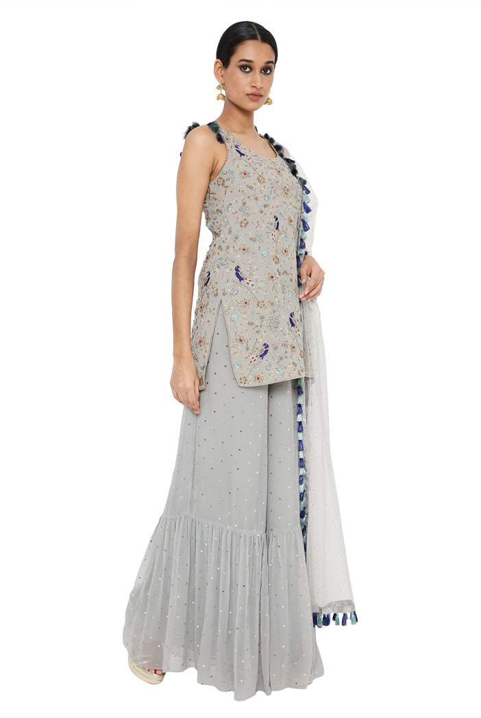 Masoon Grey Colour Georgette Embroidered Kurta With Dot Mukaish Georgette Sharara And Dot Mukaish Net Dupatta