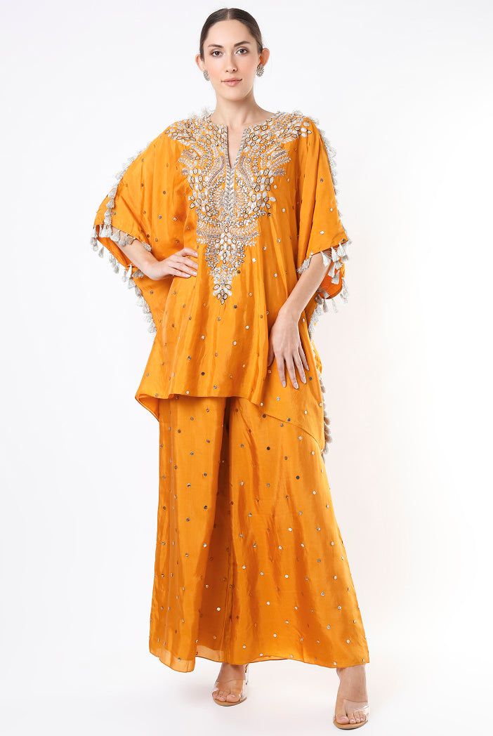 Mustard Dot Abutai Mukaish Silk Kaftan And Palazzo