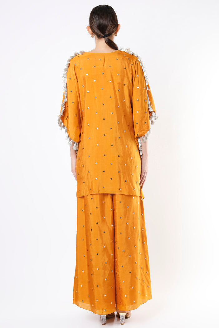 Mustard Dot Abutai Mukaish Silk Kaftan And Palazzo