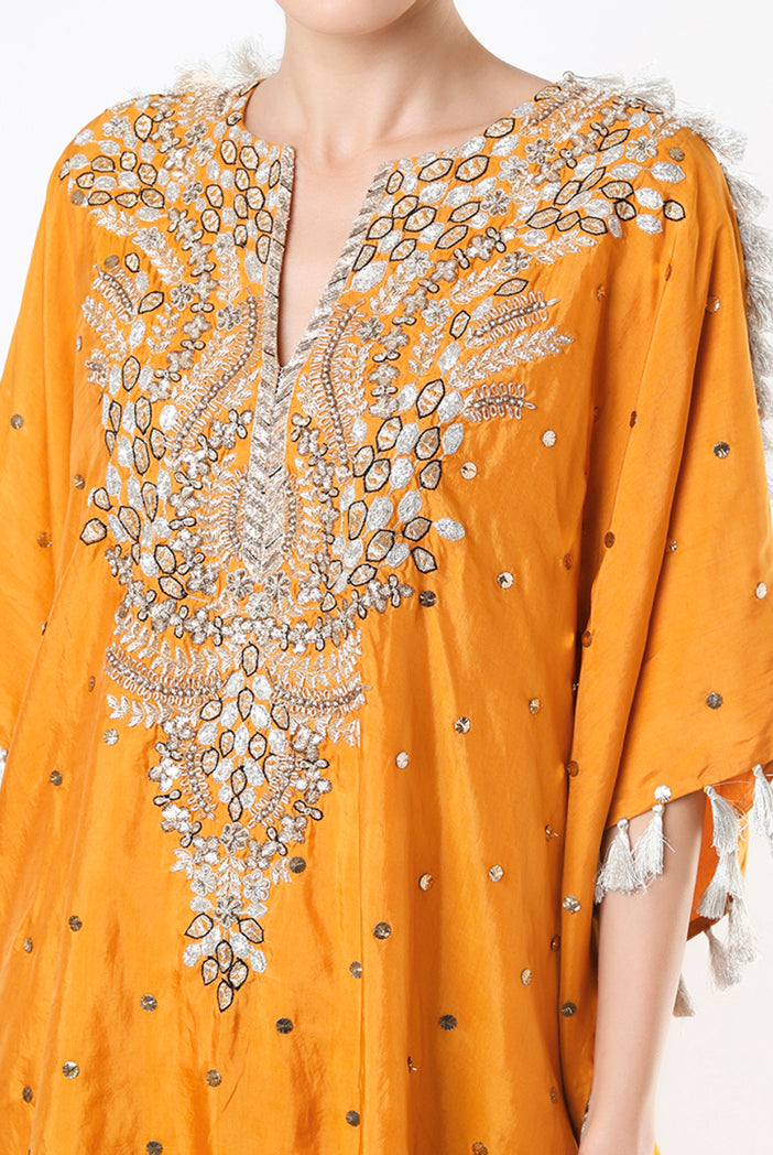 Mustard Dot Abutai Mukaish Silk Kaftan And Palazzo