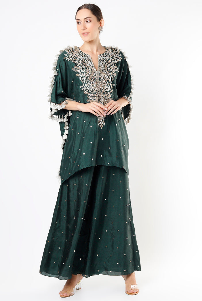 Emerald Green Dot Abutai Mukaish Silk Kaftan And Palazzo