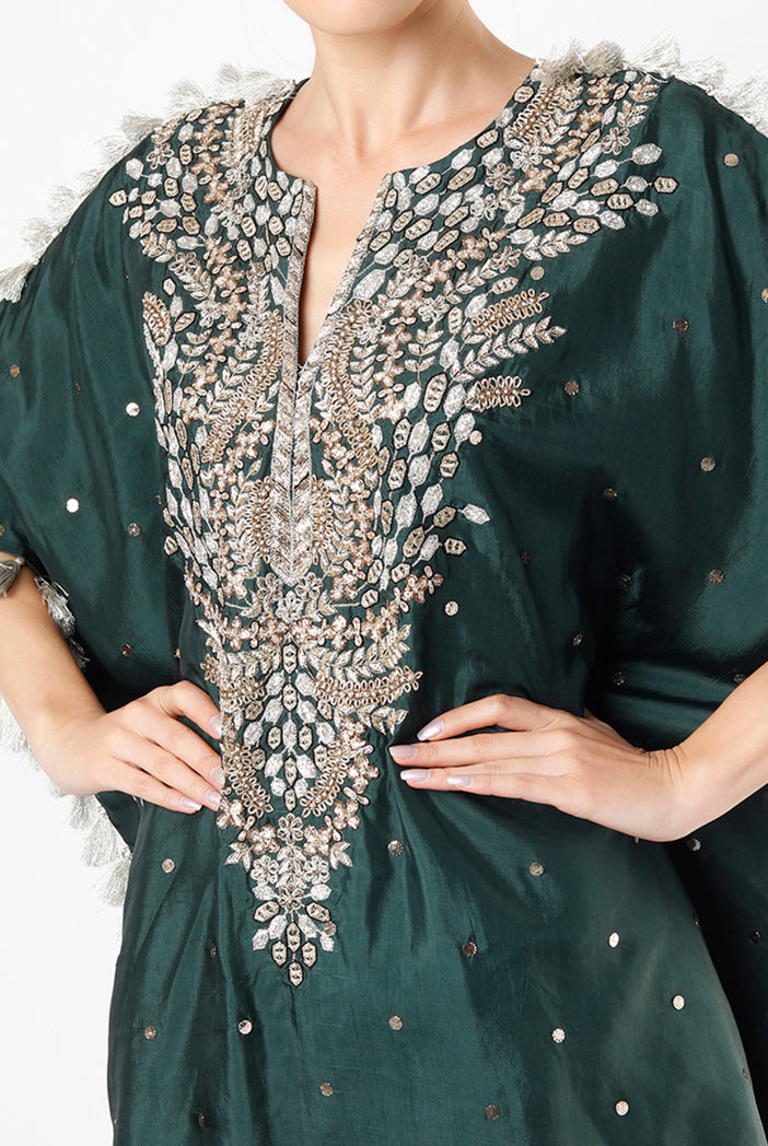 Emerald Green Dot Abutai Mukaish Silk Kaftan And Palazzo