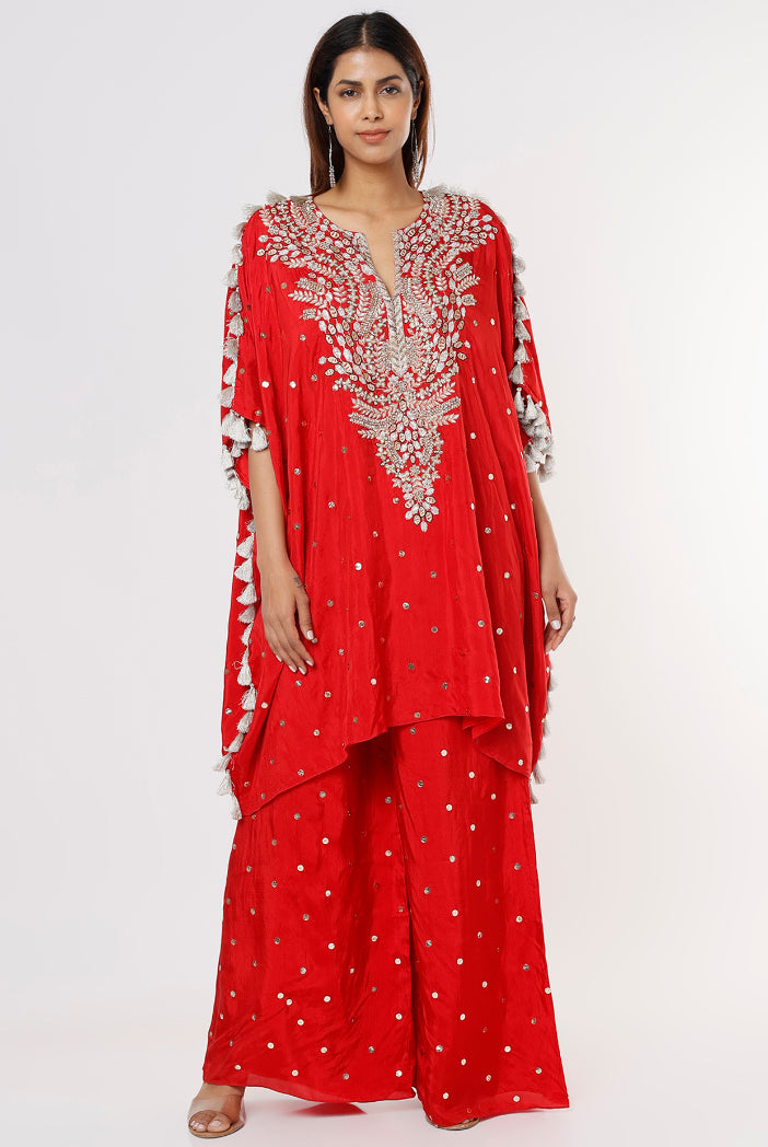 Red Dot Abutai Silk Mukaish Kaftan And Palazzo
