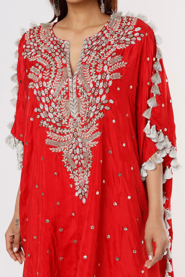 Red Dot Abutai Silk Mukaish Kaftan And Palazzo