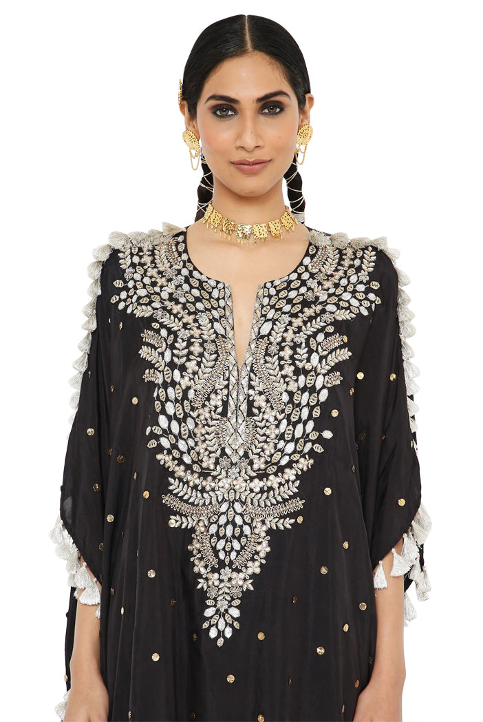 Aarasi Black Colour Mukaish Silk Kaftan With Palazzo