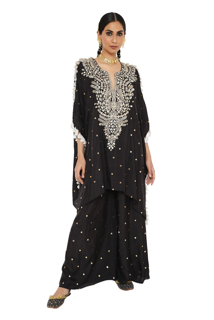 Aarasi Black Colour Mukaish Silk Kaftan With Palazzo