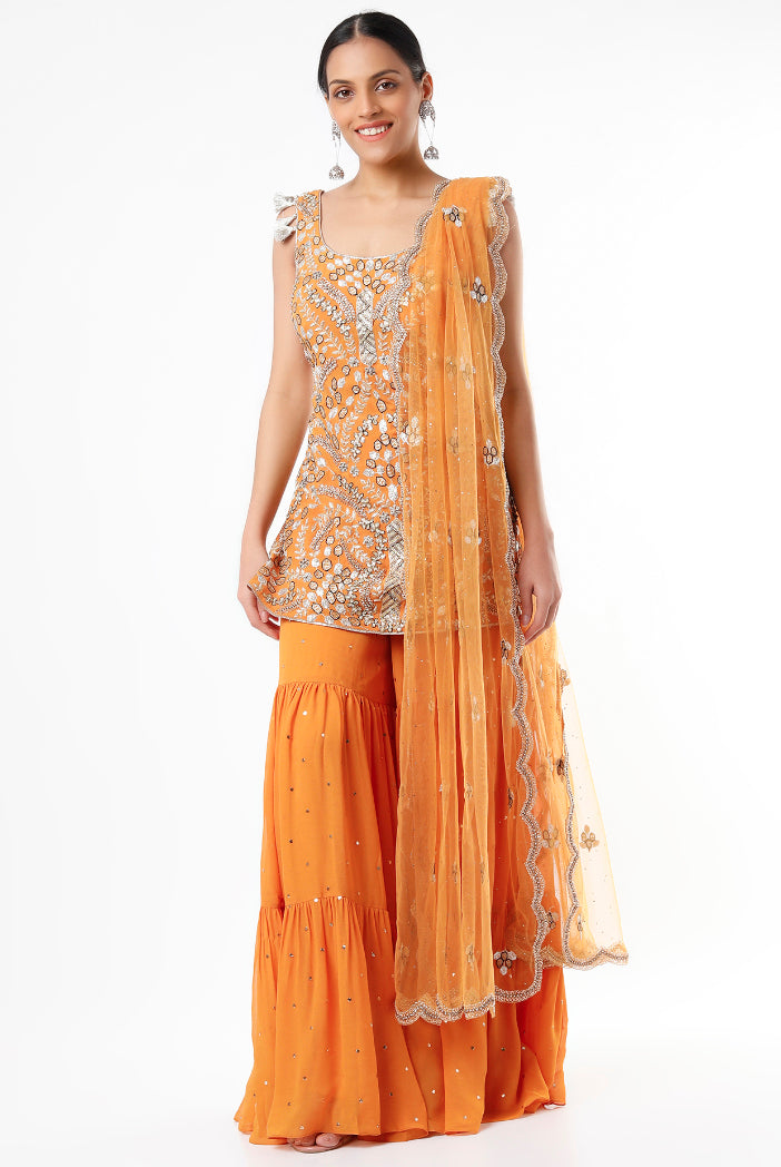 Mustard Georgette Embroidered Kurta With Dot Mukaish Georgette Sharara And Net Dupatta