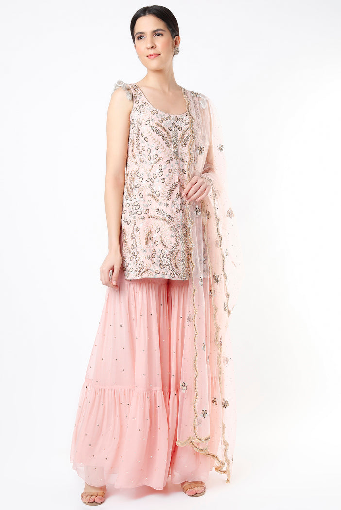 Rose Pink Georgette Embroidered Kurta With Dot Mukaish Georgette Sharara And Net Dupatta