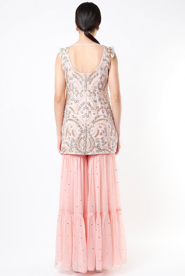Rose Pink Georgette Embroidered Kurta With Dot Mukaish Georgette Sharara And Net Dupatta