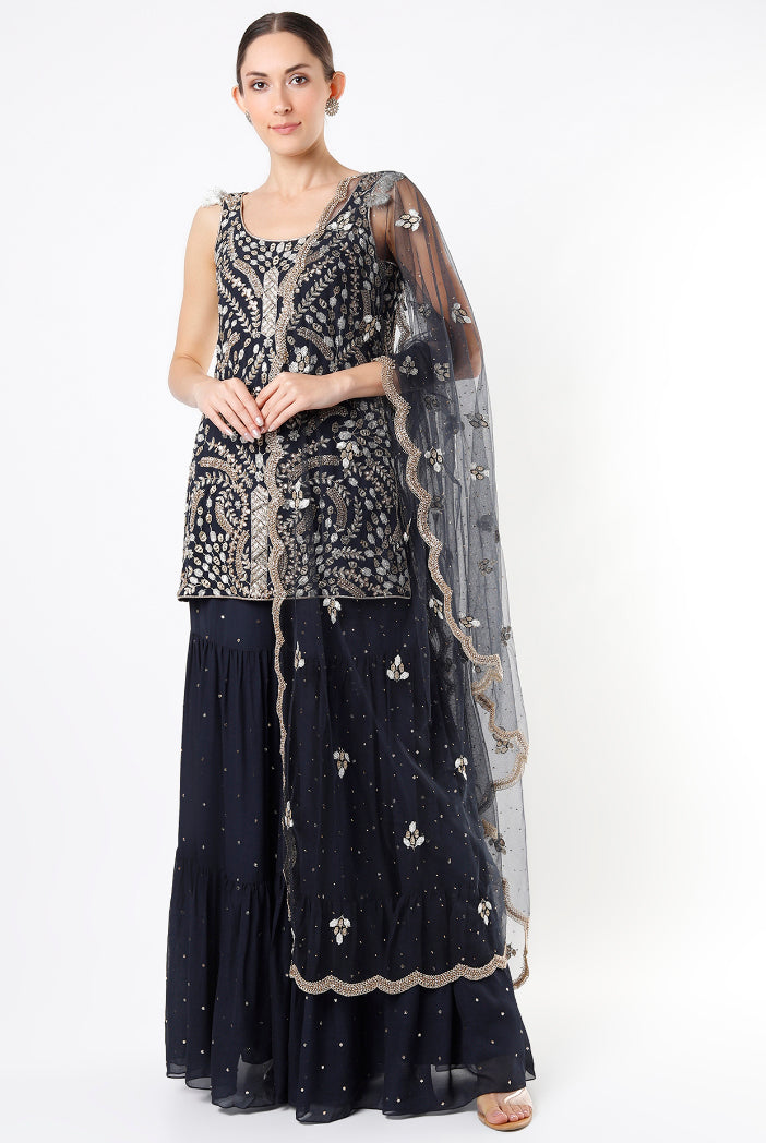 Navy Georgette Embroidered Kurta With Dot Mukaish Georgette Sharara And Net Dupatta