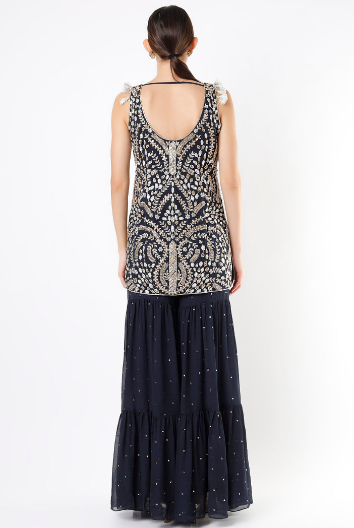 Navy Georgette Embroidered Kurta With Dot Mukaish Georgette Sharara And Net Dupatta