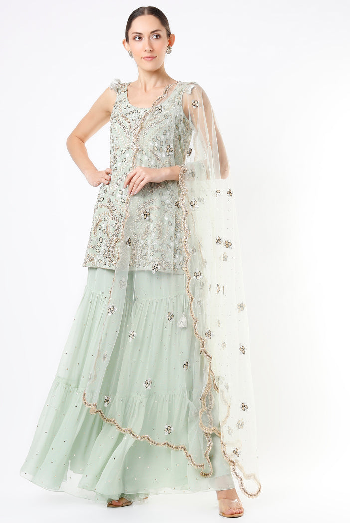 Mint Georgette Embroidered Kurta With Dot Mukaish Georgette Sharara And Net Dupatta